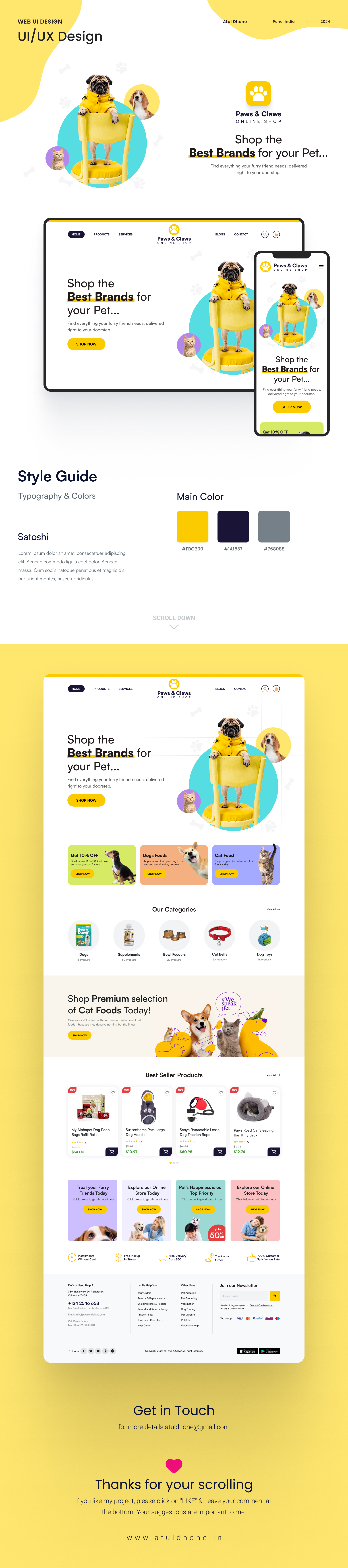 pets online creative page, website design, ui ux design, landing page design, pets ecommerce